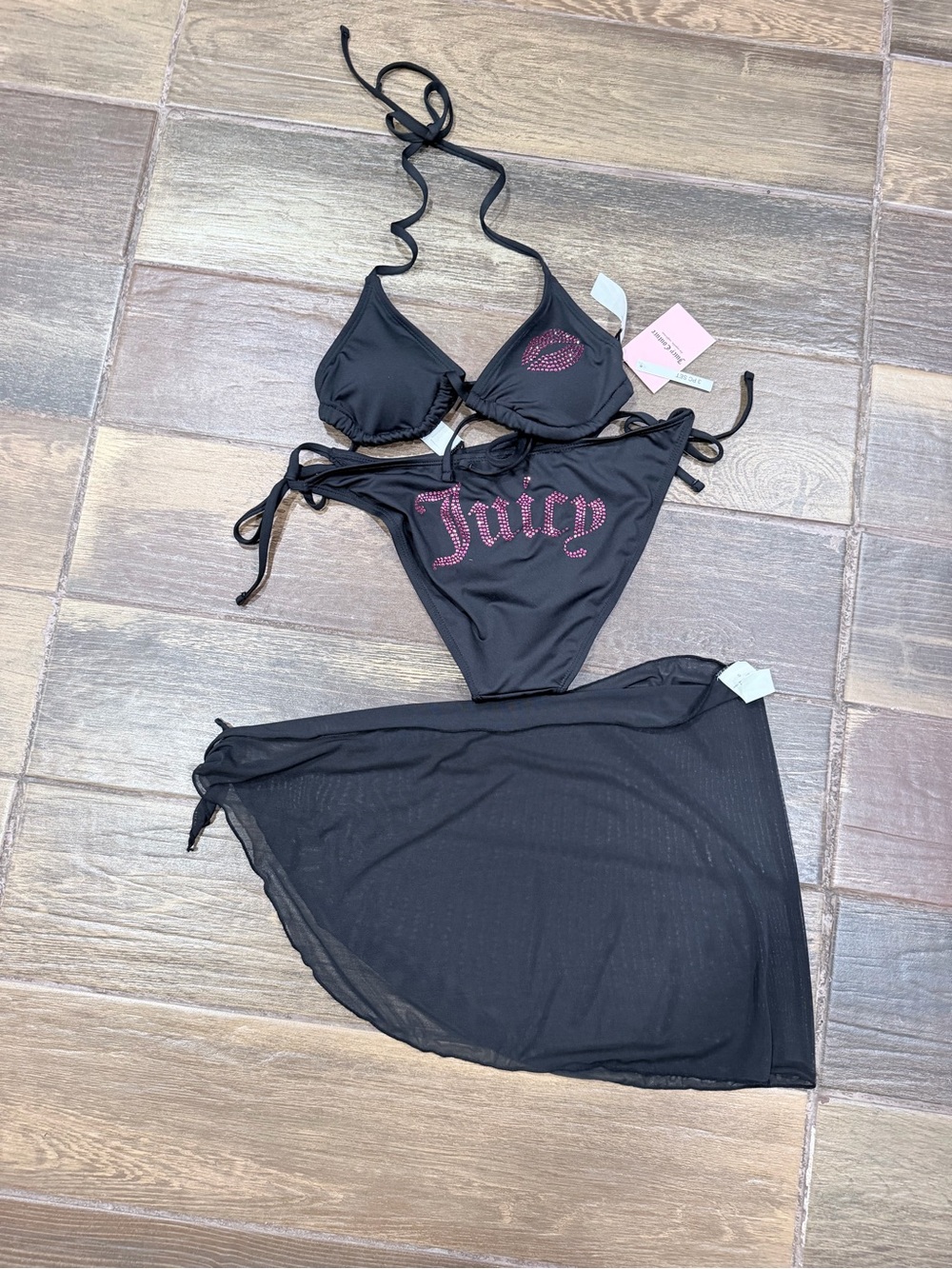Juicy Couture Black Bikini Set with Pink Rhinestone 'Juicy' Logo and Sarong